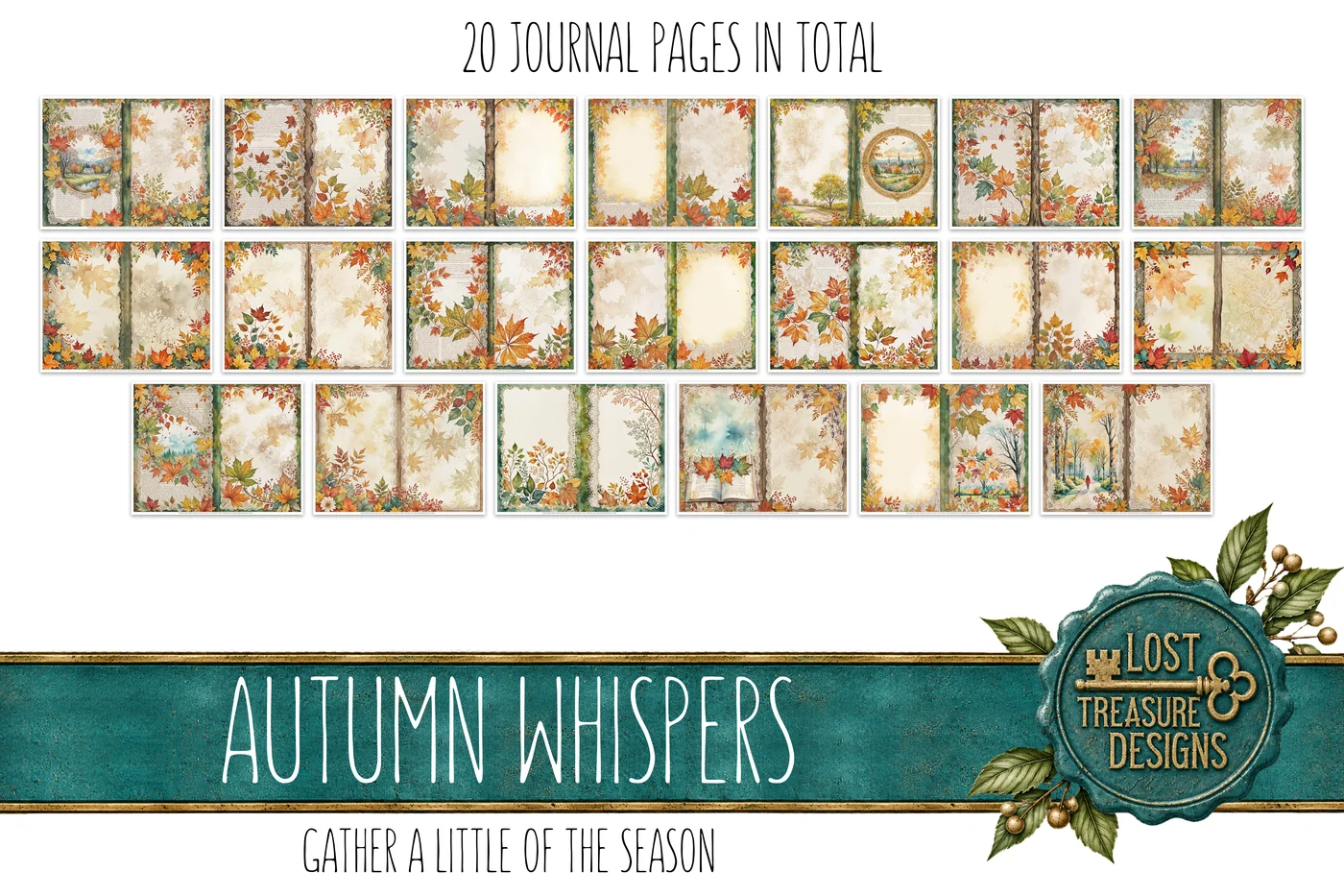 Autumn Foliage Junk Journal Kit: Watercolor Leaves, Embellishments (Digital Download) — Journal Layout Preview