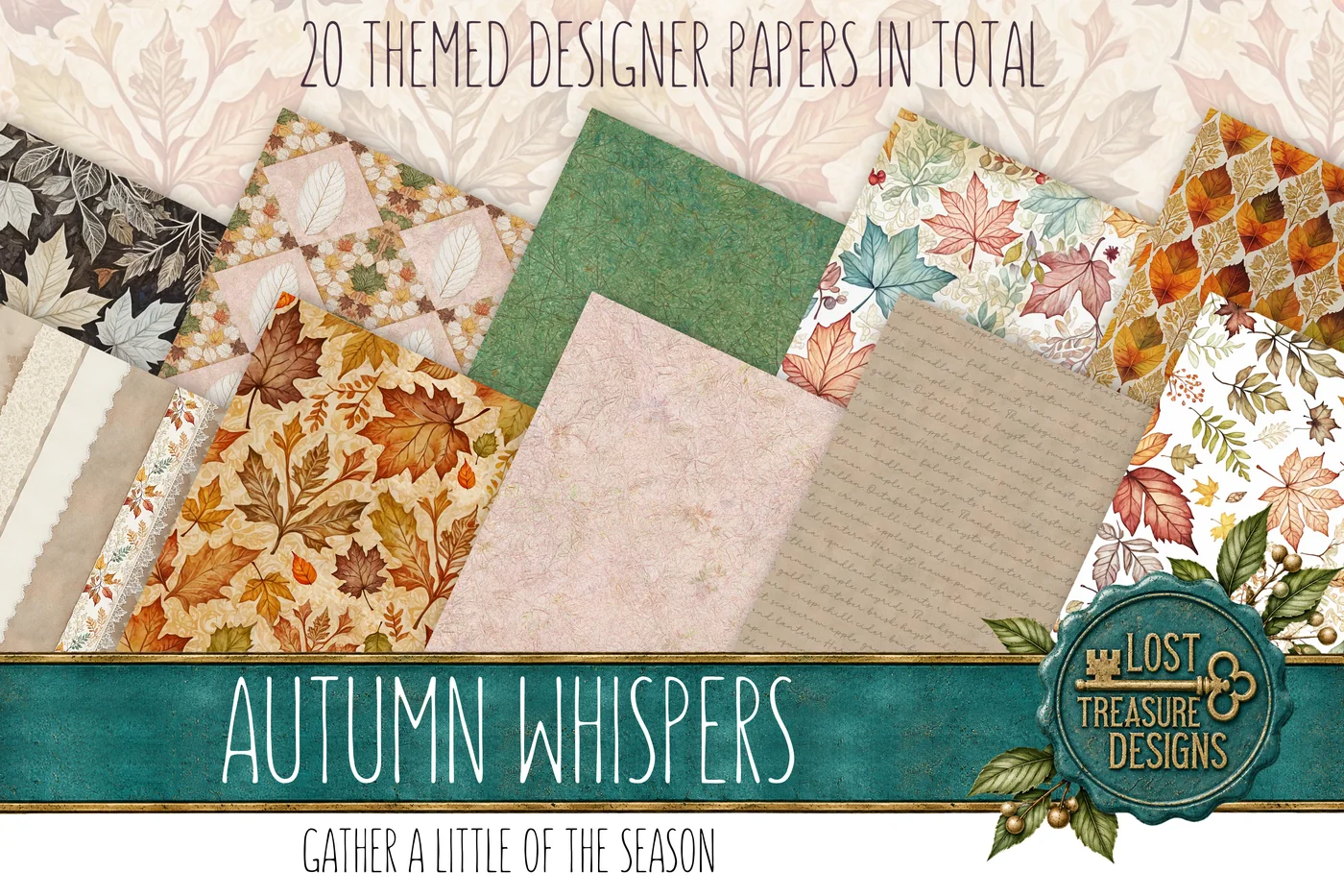Autumn Foliage Junk Journal Kit: Watercolor Leaves, Embellishments (Digital Download) — Designer Paper Preview 1