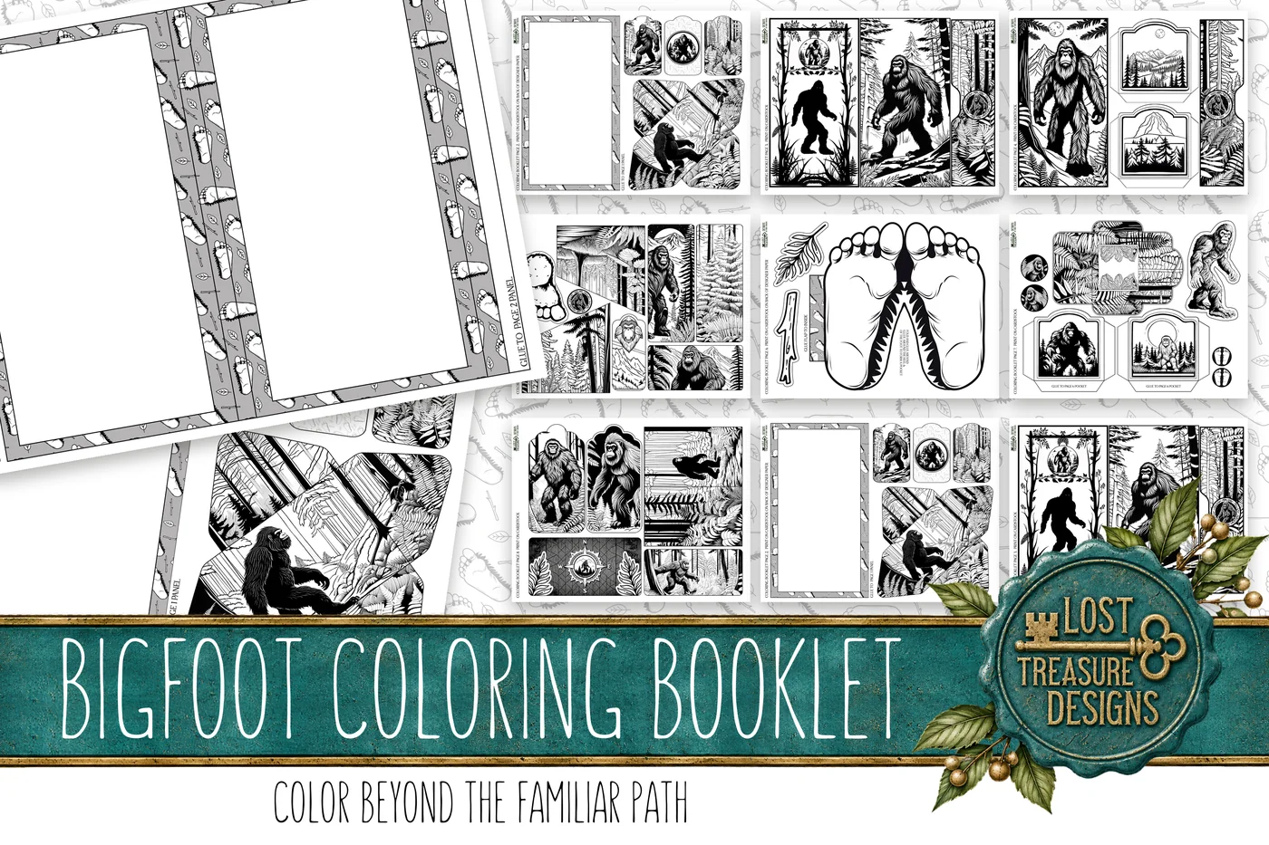 Bigfoot Coloring Booklet, Junk Journal Papercraft Kit (Printable) — Folio & Embellishments Preview