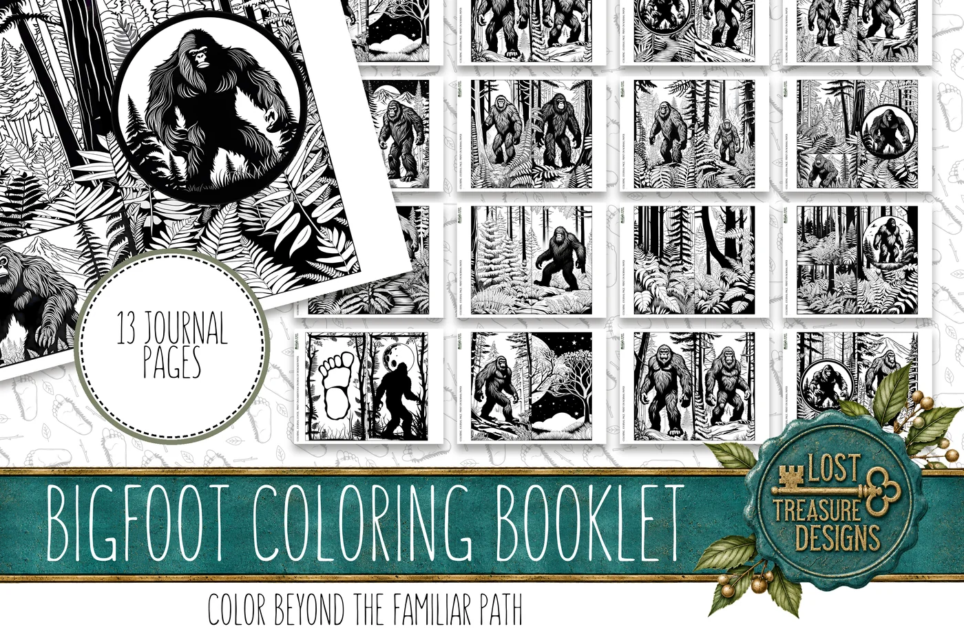 Bigfoot Coloring Booklet, Junk Journal Papercraft Kit (Printable) — Journal Layout Preview
