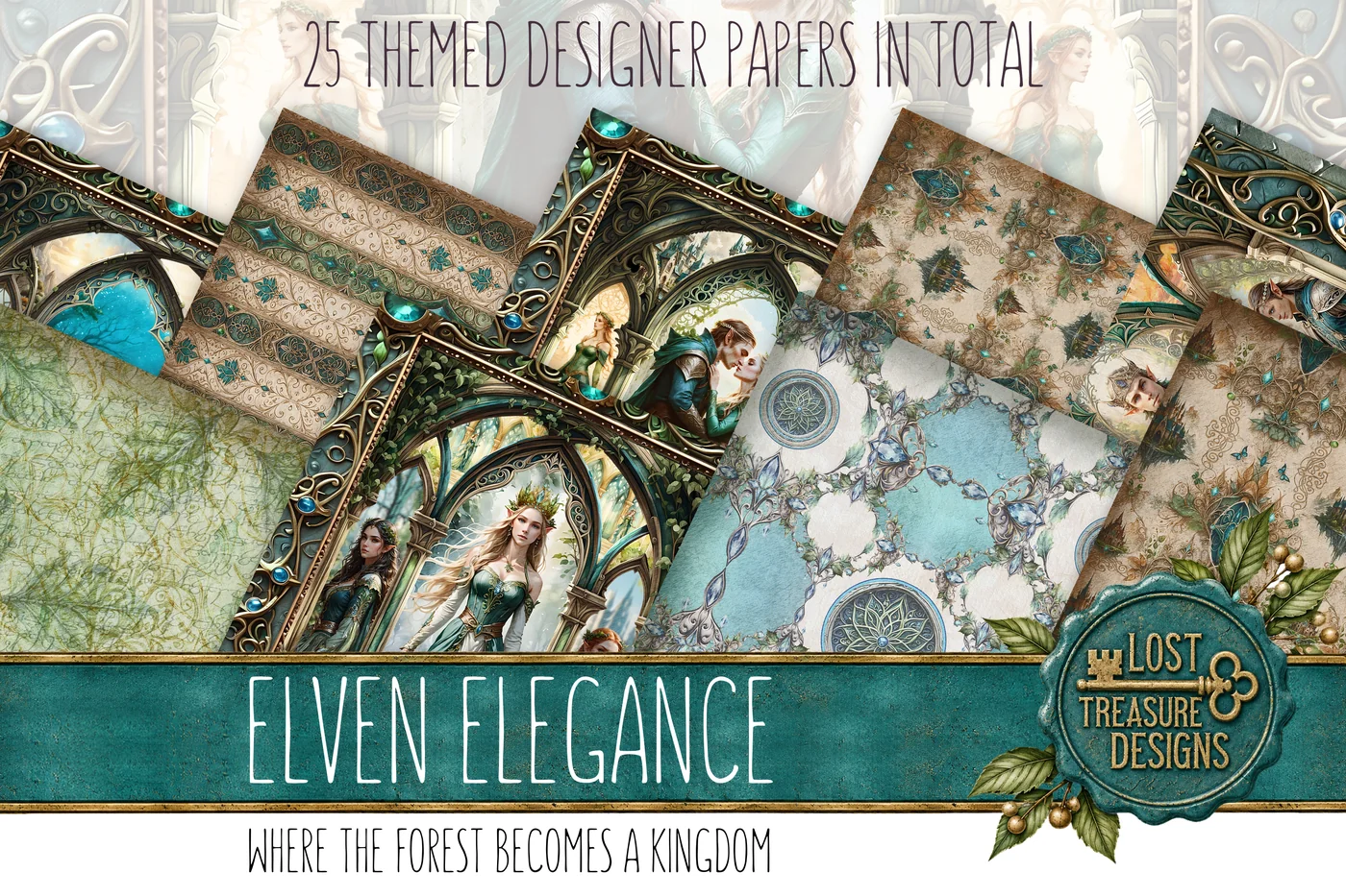 Elven Junk Journal Kit: Fantasy Empire Printable, Folio Bonus (Digital Download) — Designer Paper Preview 1